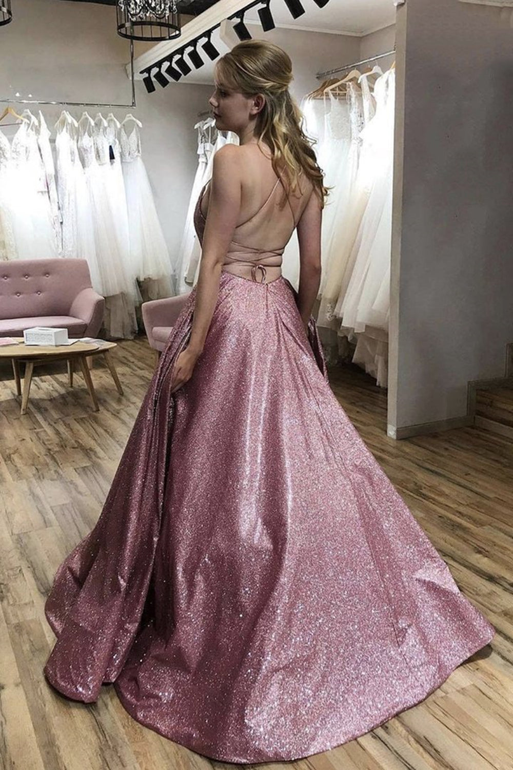 Shiny Long A-line Spaghetti Straps Open Back Formal Evening Dresses