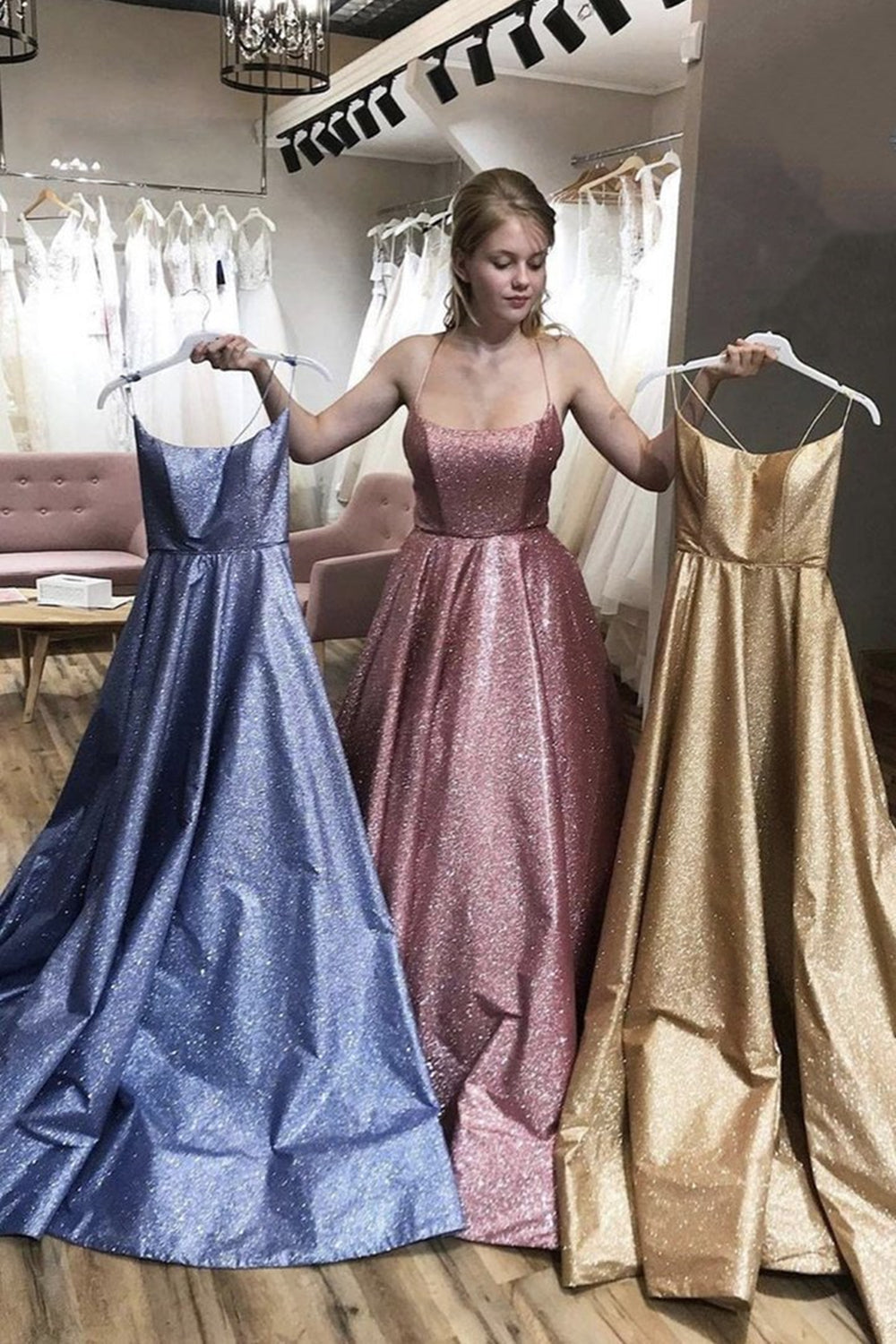 Shiny Long A-line Spaghetti Straps Open Back Formal Evening Dresses