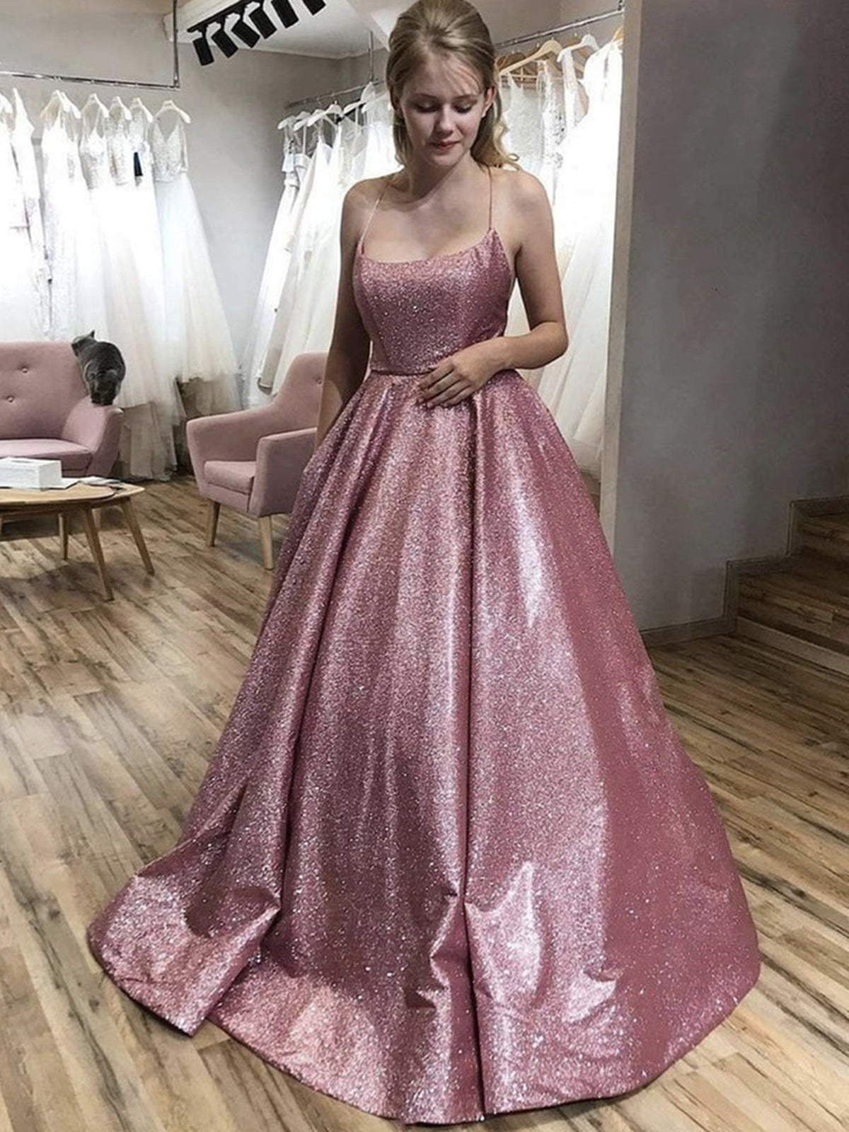 Shiny Long A-line Spaghetti Straps Open Back Formal Evening Dresses