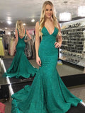 Robe de soirée formelle longue et brillante à dos nu avec décolleté en V et traîne sirène