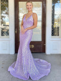Vestido de noche largo formal brillante estilo sirena sin espalda con escote en V y lentejuelas