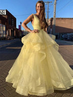Shiny Yellow Long A-line V-neck Fluffy Tulle Graduation Prom Dresses