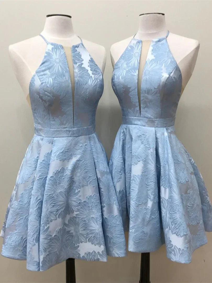 Kurzes A-Linien-Kleid mit tiefem V-Ausschnitt, Trägertops und ohne Ärmel für den Homecoming-Ball
