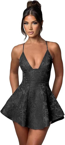 Kurzes A-Linie Neckholder Rückenfreies Homecoming-Kleid Satin Rüschen Jacquard Partykleider