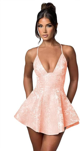 Kurzes A-Linie Neckholder Rückenfreies Homecoming-Kleid Satin Rüschen Jacquard Partykleider