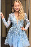 Kurzes A-Linien-Spitzen-Applikation-V-Ausschnitt-Langarm-Ballkleid