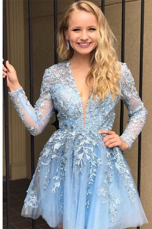 Kurzes A-Linien-Spitzen-Applikation-V-Ausschnitt-Langarm-Ballkleid