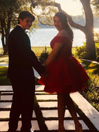 Vestidos cortos de línea A sin mangas de encaje tul rojo para baile de graduación y fiesta de bienvenida