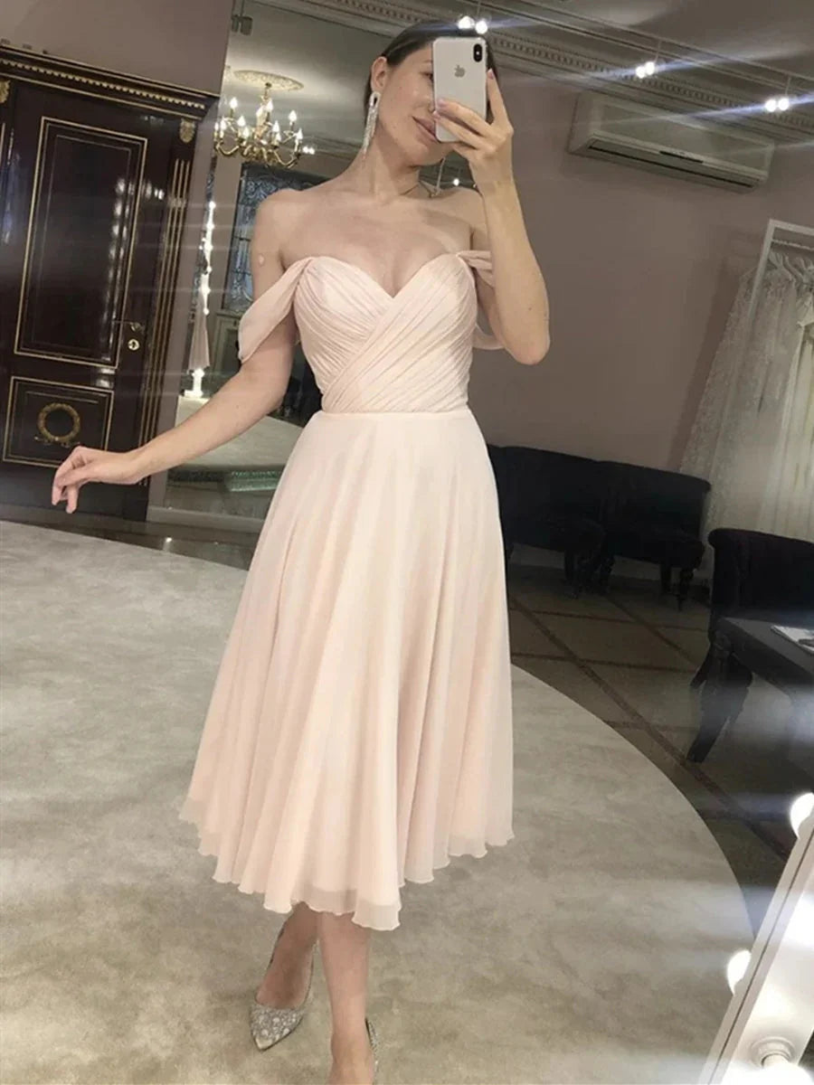 Kurzes A-Line Off the Shoulder Tea Length Abschlussball Abschlussfeier Homecoming Kleider