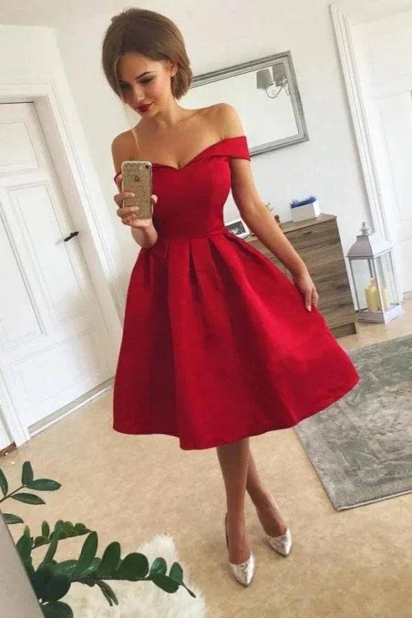 Kurzes A-Linien-Satin-Abendkleid mit Schulterfrei in Rot