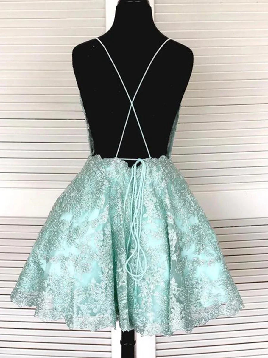 Kurzes A-Linien ärmelloses Spitzen-Formal-Graduation-Homecoming-Kleid mit offenem Rücken