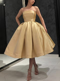 Kurzes, trägerloses A-Linien-Abendkleid aus Satin in Teelänge
