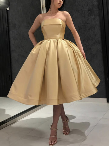 Short A-line Strapless Satin Prom Homecoming Dresses Tea Length Formal Gowns