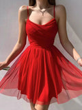 Kurzes A-Linien-Süßherz-Spaghettiträger-Chiffon-Promkleid Rot Abschlussballkleider