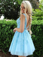 Short A-line V Neck Lace Appliques Tulle Backless Homecoming Prom Dresses by BIZTUNNEL