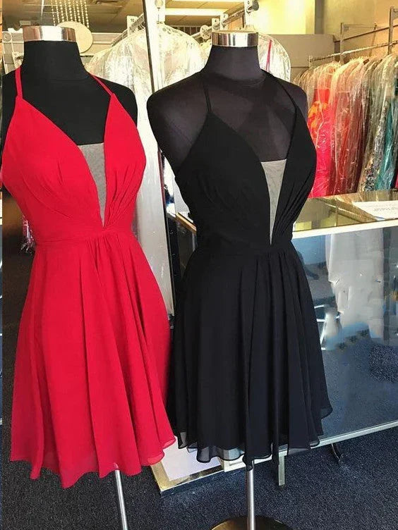 Kurzes A-Linien-V-Ausschnitt-Spitzenbesetztes Chiffon-Rückenfreies Abschlussballkleid
