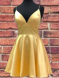 Vestido de Fiesta Satén Amarillo de Línea A Corta con Escote en V para Baile de Bienvenida