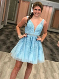 Kurzes A-Linien V-Ausschnitt Tüll-Spitzen-Prom-Homecoming-Kleid mit Gürtel