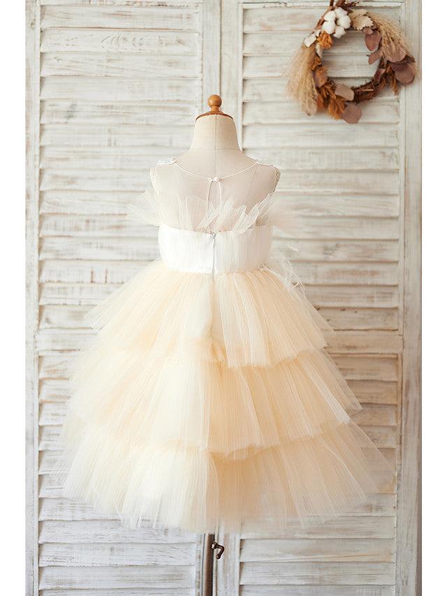 Short Ball Gown Tulle Sleeveless Jewel Neck Wedding Birthday Flower Girl Dresses