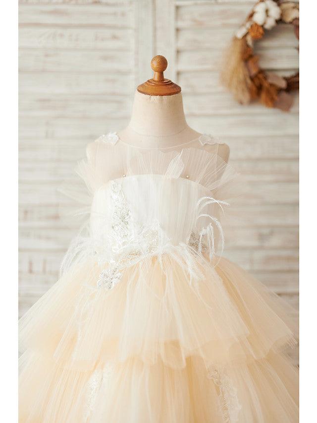 Short Ball Gown Tulle Sleeveless Jewel Neck Wedding Birthday Flower Girl Dresses