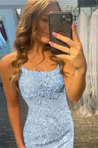 Kurzes Säulen Blau Spitze Spaghetti-Träger Ärmelloses Prom Kleid