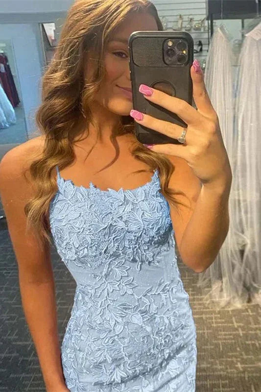 Vestidos de Fiesta Sin Mangas con Tirantes Espagueti de Encaje Azul para Columna Corta