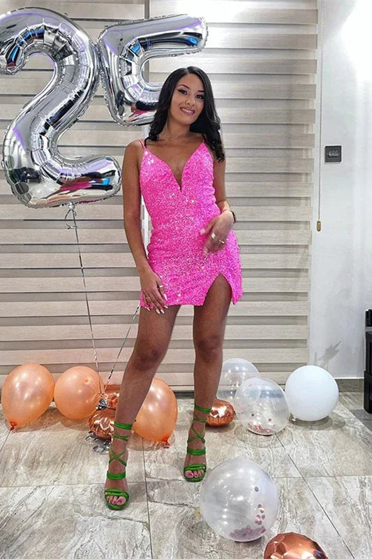 Kurzes fuchsienfarbenes Pailletten-V-Ausschnitt-Ärmelloses Ballkleid mit Schlitz