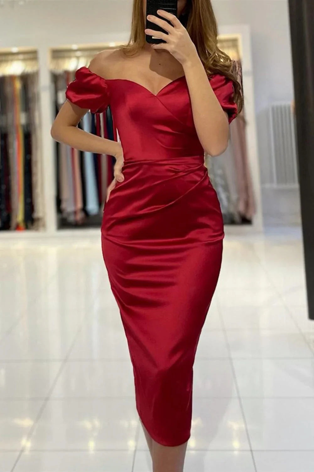 Vestidos de Fiesta Formales Cortos de Satén Tipo Sirena con Manga y Tirantes a la Baja Hasta el Tobillo