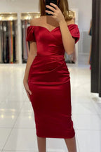 Vestidos de Fiesta Formales Cortos de Satén Tipo Sirena con Manga y Tirantes a la Baja Hasta el Tobillo