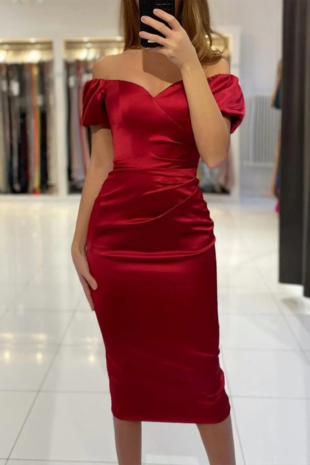 Kurzes Mermaid Off the Shoulder Satin Tea Length Formell Abschlussballkleid mit Ärmeln