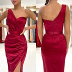 Short Mermaid One Shoulder Satin Prom Dress with Slit