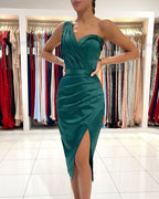 Short Mermaid One Shoulder Satin Prom Dress with Slit