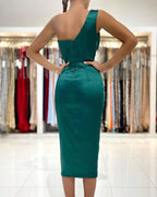 Short Mermaid One Shoulder Satin Prom Dress with Slit