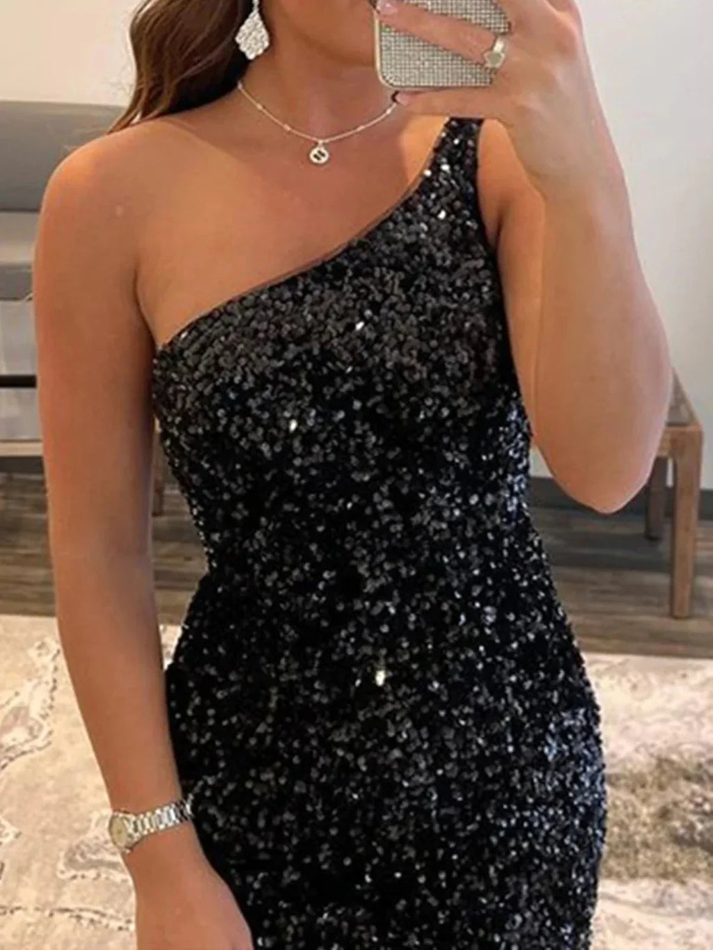 Kurzes Meerjungfrauen-Promkleid mit Ein-Schulter, Rückenfreien Pailletten in Schwarz Homecoming-Kleider
