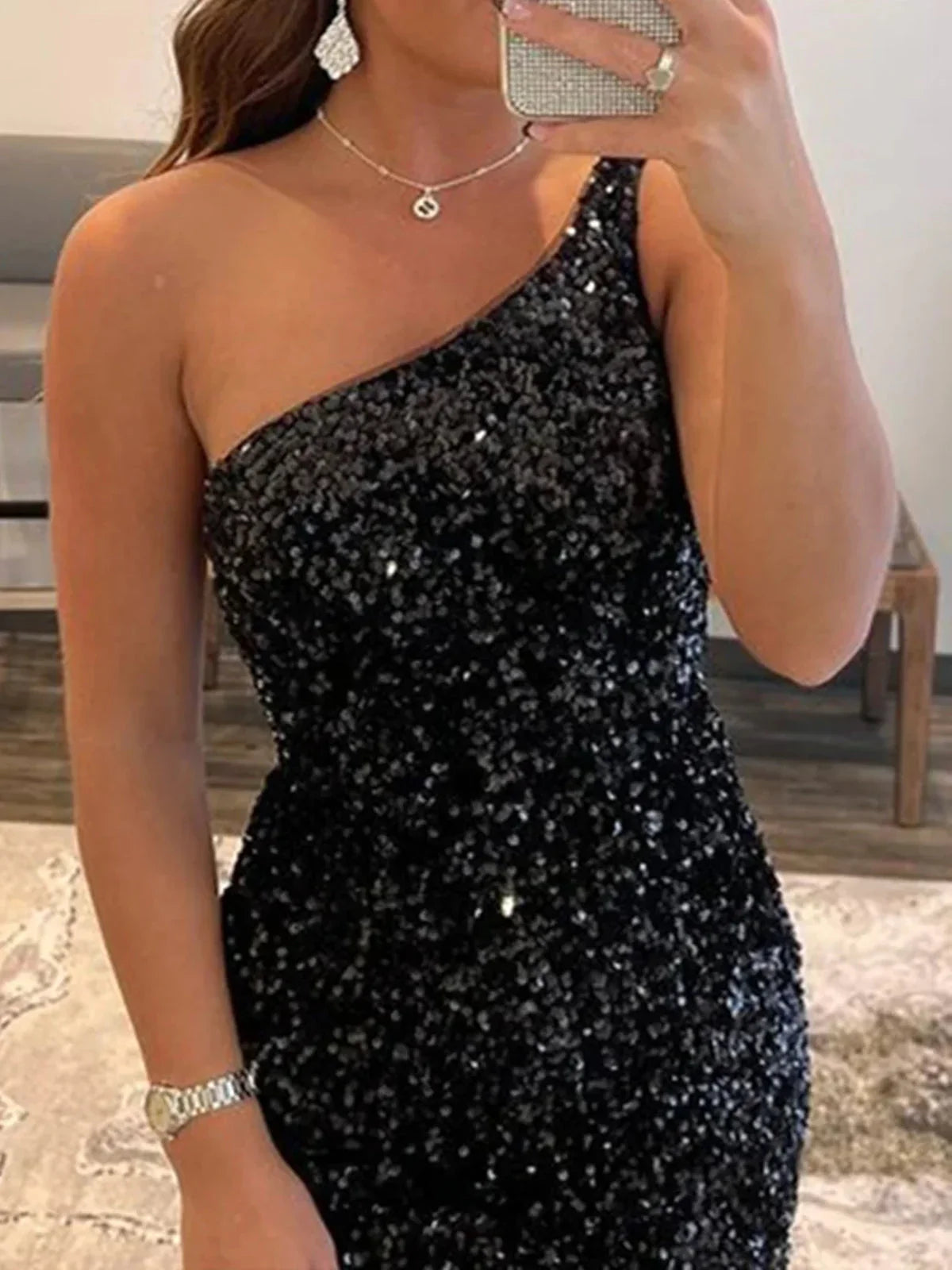 Kurzes Meerjungfrauen-Promkleid mit Ein-Schulter, Rückenfreien Pailletten in Schwarz Homecoming-Kleider