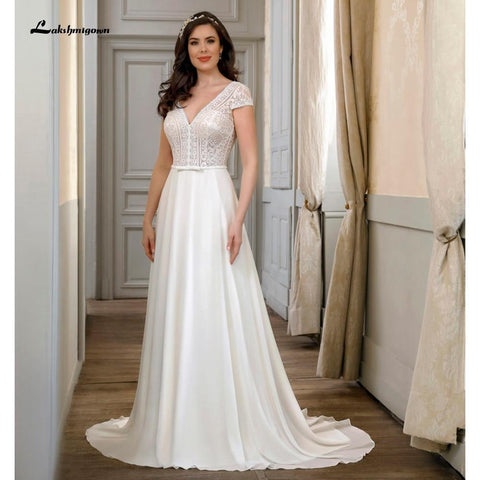 NumberSea Vestidos de noiva de renda com manga curta e decote em V sem costas