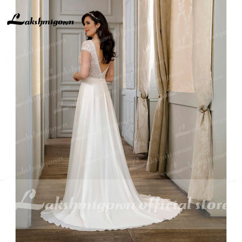 NumberSea Vestidos de noiva de renda com manga curta e decote em V sem costas