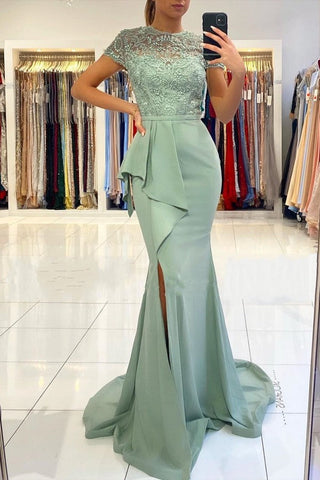 Short Sleeves Long Lace Mermaid Prom Dress with Slit