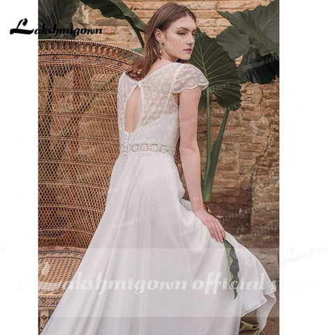 NumberSea Vestidos de noiva em chiffon com decote em V e manga curta e costas nuas