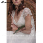 NumberSea Short Sleeve V Neck Lace Top Chifffon Backless Wedding Dresses