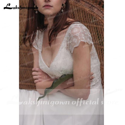NumberSea Vestidos de noiva em chiffon com decote em V e manga curta e costas nuas