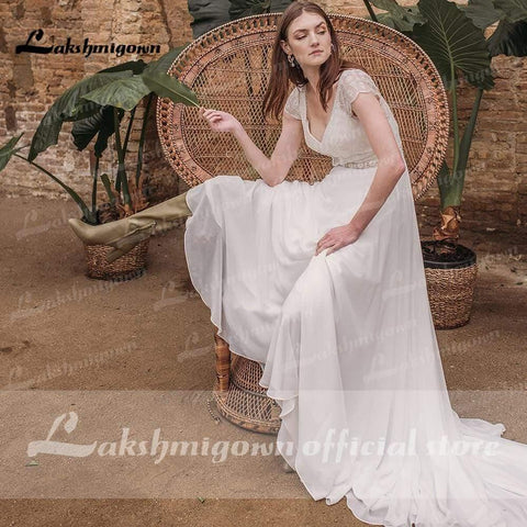 NumberSea Vestidos de noiva em chiffon com decote em V e manga curta e costas nuas