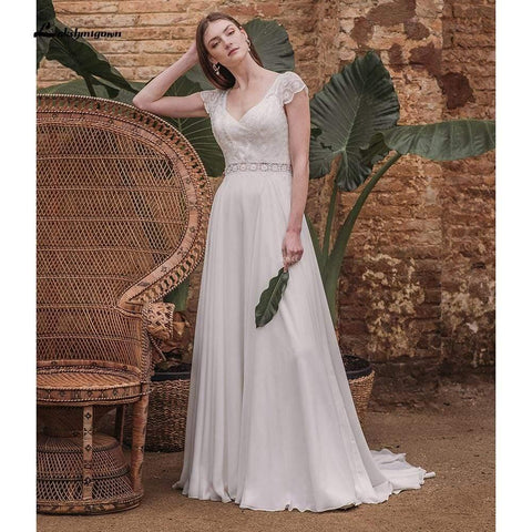 NumberSea Vestidos de noiva em chiffon com decote em V e manga curta e costas nuas