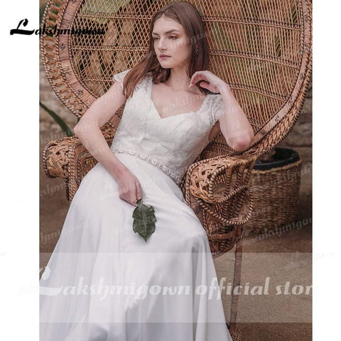 NumberSea Vestidos de noiva em chiffon com decote em V e manga curta e costas nuas