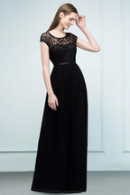 Short Sleeves Lace A-line Floor Length Bridesmaid Dresses with Sash
