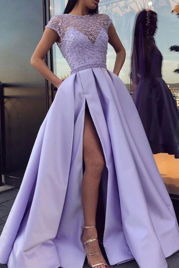 Short Sleeves Long A-line Satin Beads Prom Dress with Split