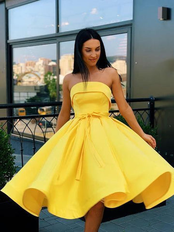 Kurzes trägerloses rosa-gelbes Ballkleid, formelle Heimkehrkleider, PD389