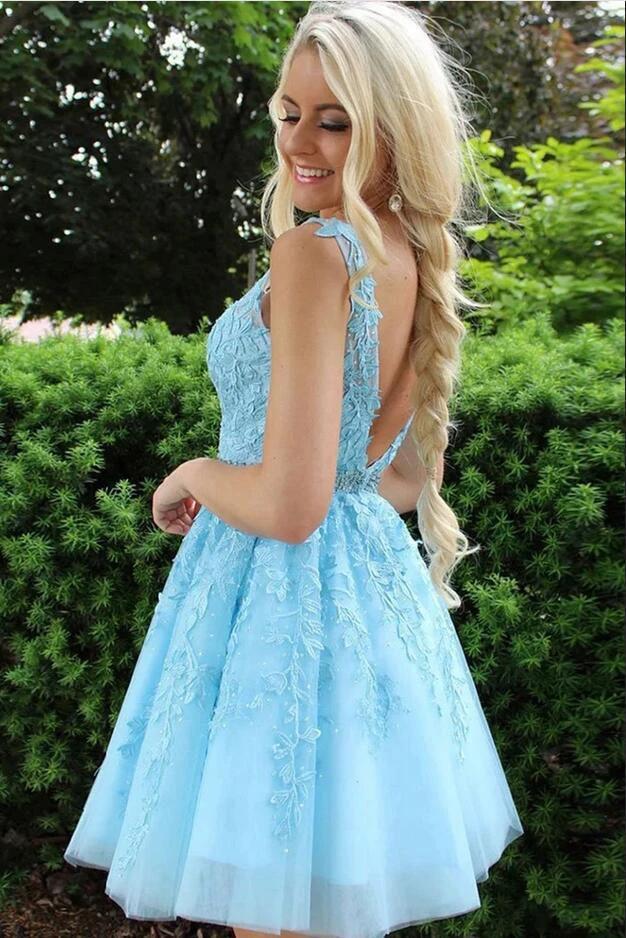 Short V-neck A-line Lace Backless Tulle Blue Prom Dress by BIZTUNNEL