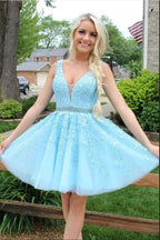 Short V-neck A-line Lace Backless Tulle Blue Prom Dress by BIZTUNNEL