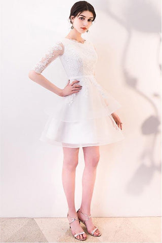 Kurzes weißes Partykleid mit Rüschen und Spitze, Heimkehrkleider mit halben Ärmeln, PD063
